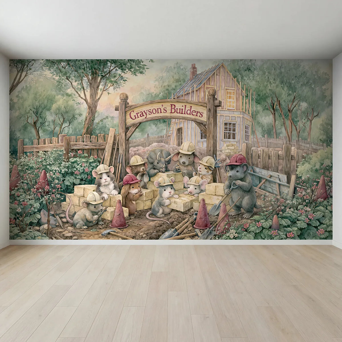 Full view of Happy Construction Crew Personalized Wall Mural by Whimsy Tots
