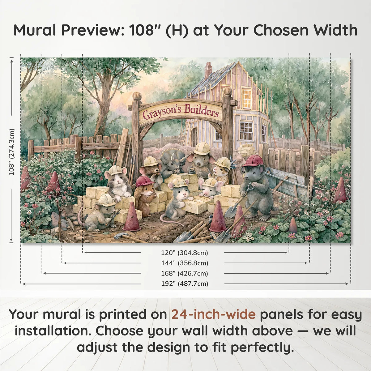 Panel layout and dimensions for Happy Construction Crew Personalized Wall Mural by Whimsy Tots