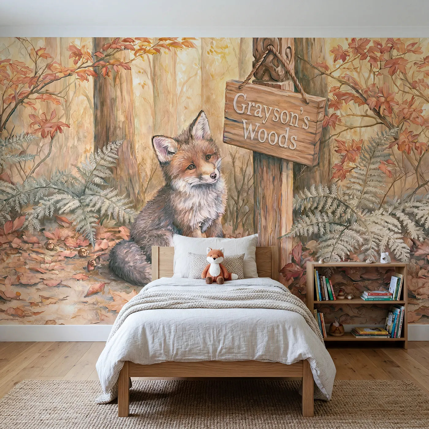 Storybook fox cub personalized wall mural with autumn trail name sign for a bedroom by Whimsy Tots