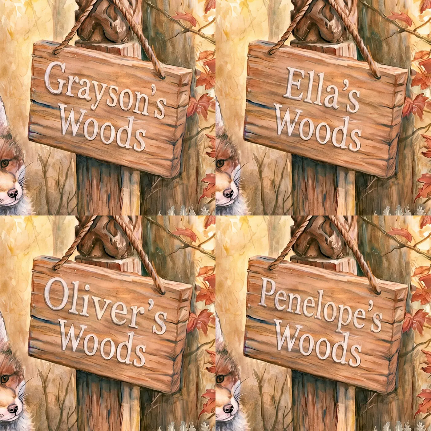 Four name preview examples of Fox Cub Signpost Personalized Wall Mural by Whimsy Tots