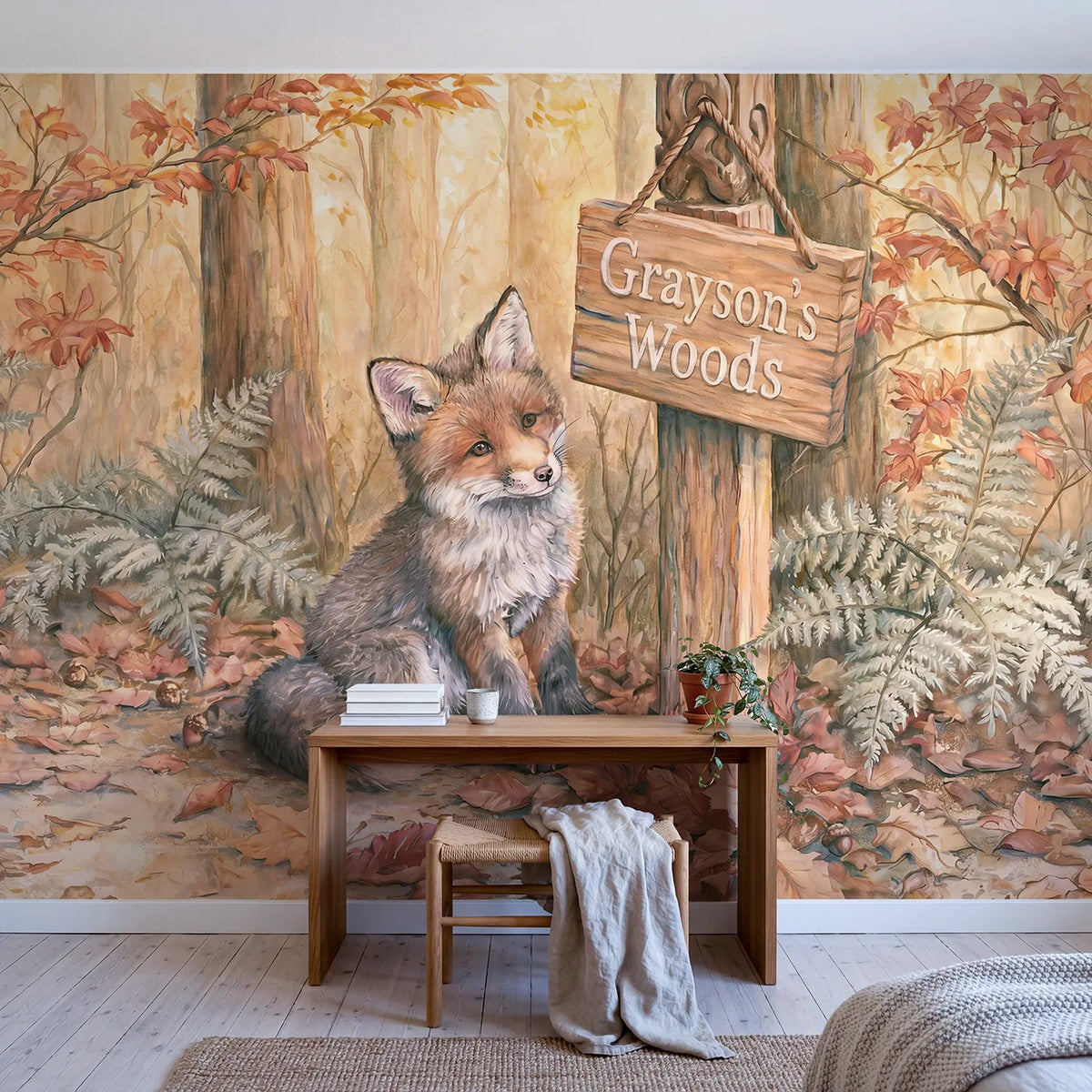 Fox Cub Signpost Personalized Wall Mural in playroom setting by Whimsy Tots