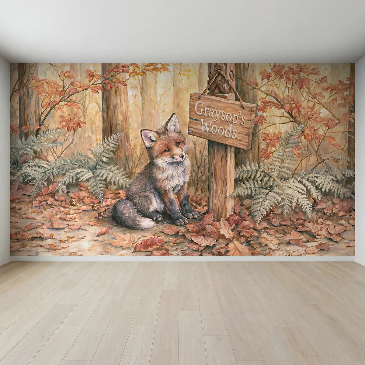 Full view of Fox Cub Signpost Personalized Wall Mural by Whimsy Tots