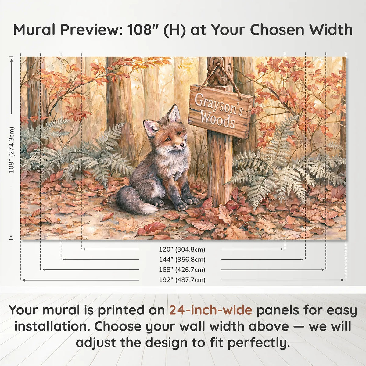 Panel layout and dimensions for Fox Cub Signpost Personalized Wall Mural by Whimsy Tots