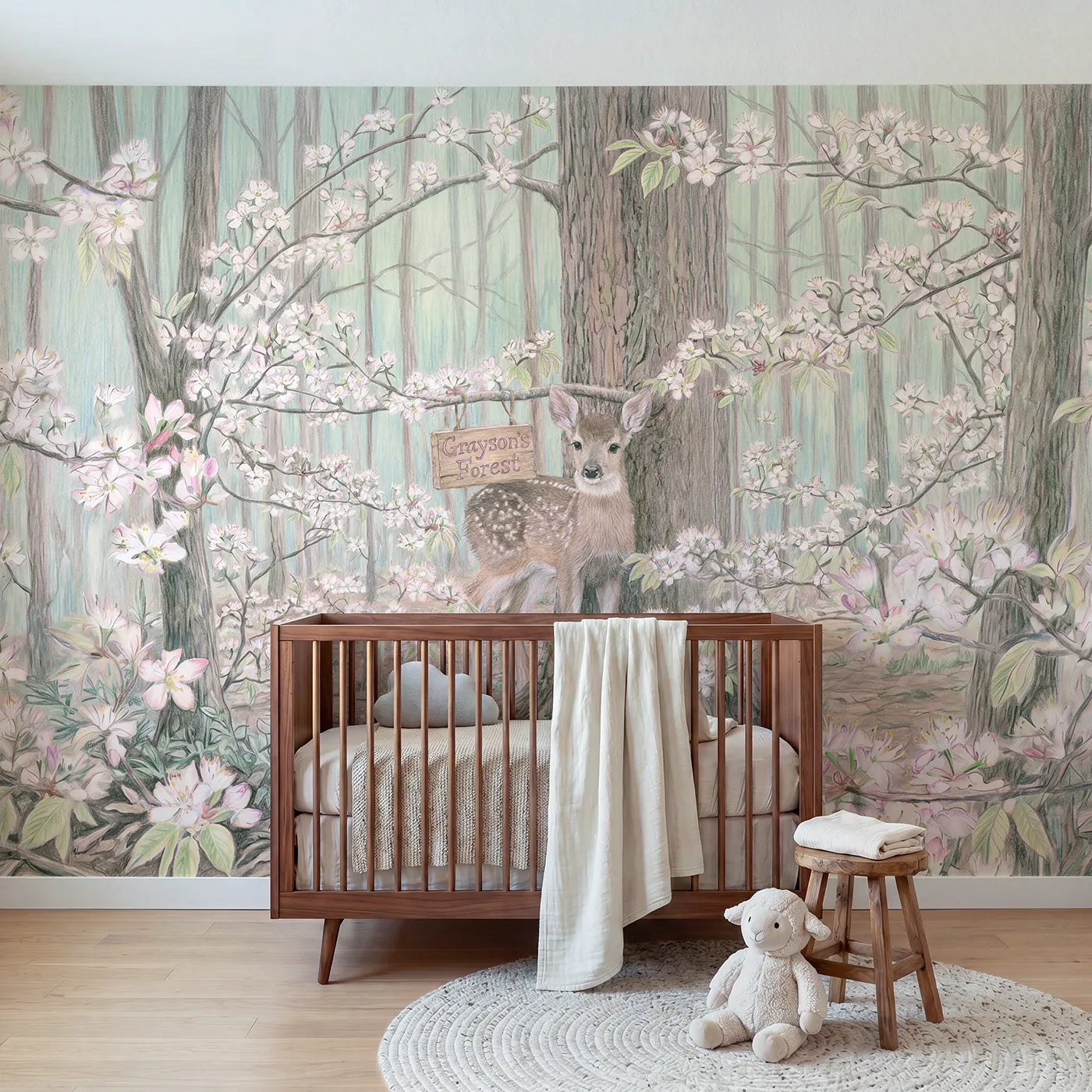 Colored Pencil spring fawn personalized wall mural with name sign for a nursery by Whimsy Tots