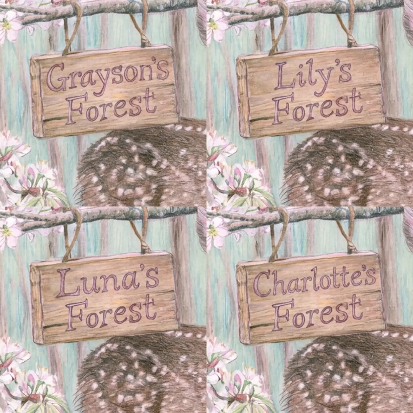 Four name preview examples of Spring Fawn Forest Personalized Wall Mural by Whimsy Tots