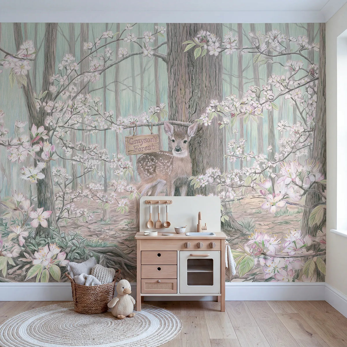 Spring Fawn Forest Personalized Wall Mural in playroom setting by Whimsy Tots