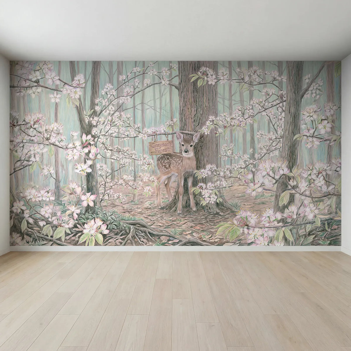Full view of Spring Fawn Forest Personalized Wall Mural by Whimsy Tots