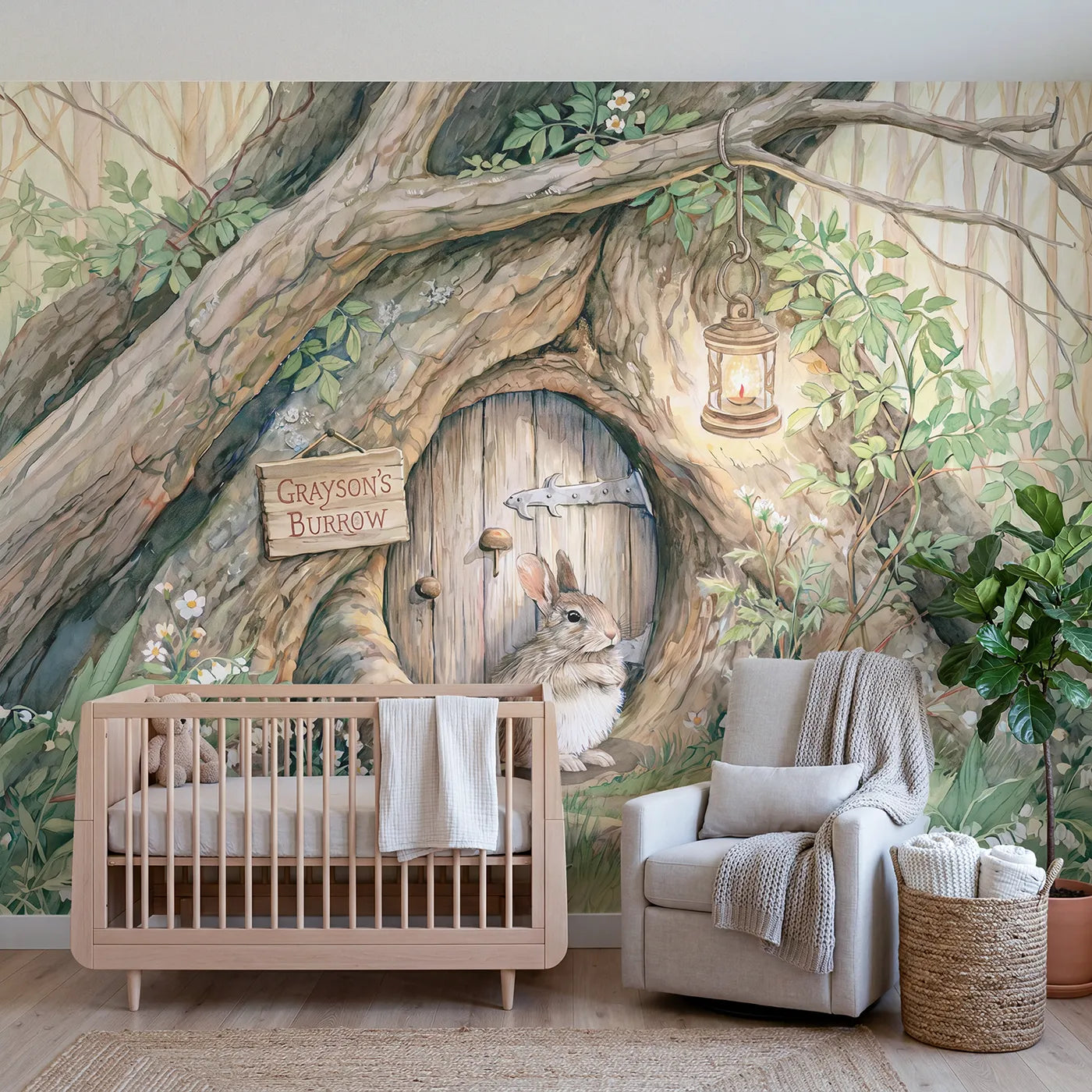 Storybook bunny burrow personalized wall mural with name on the door for a nursery by Whimsy Tots