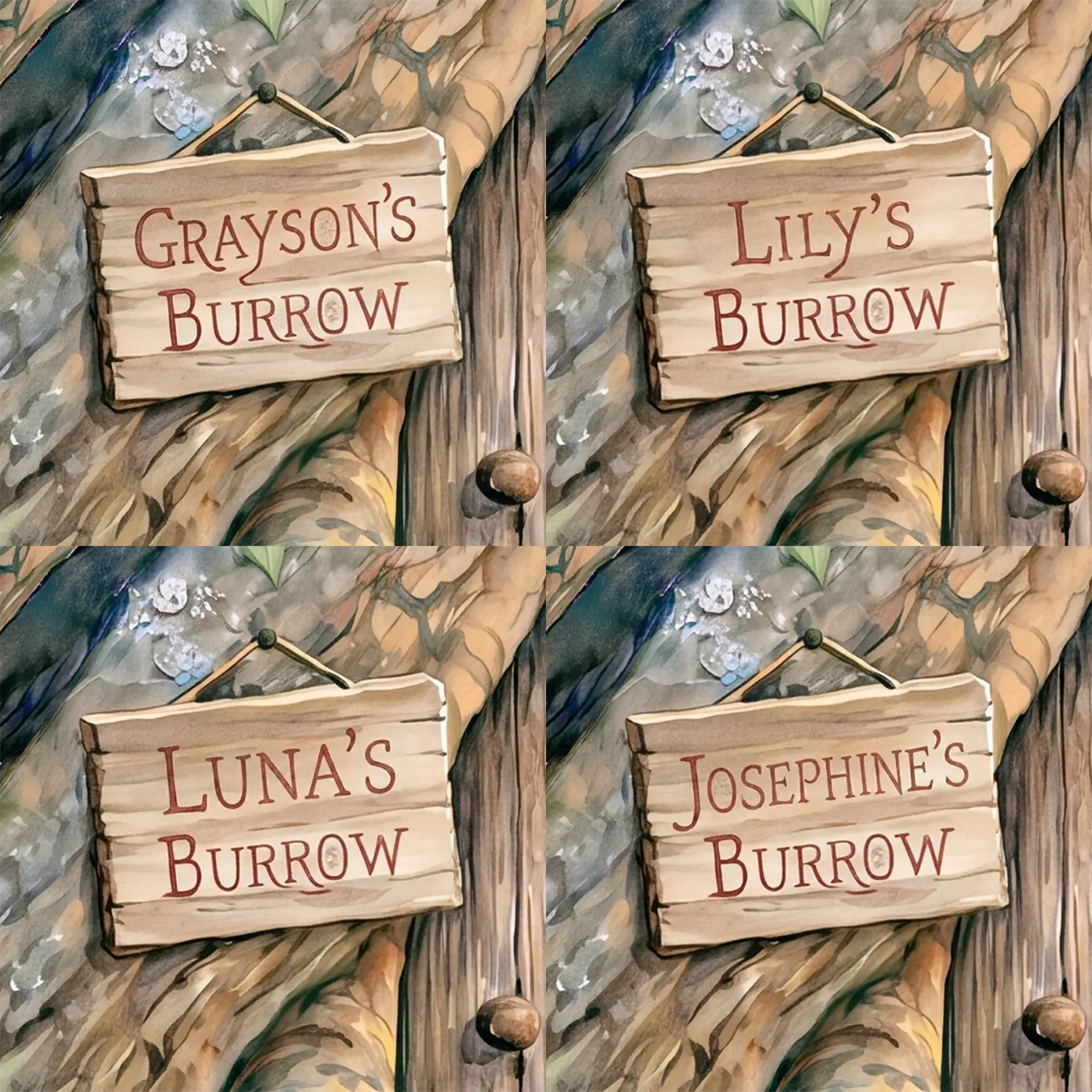 Four name preview examples of Bunny Burrow Door Personalized Wall Mural by Whimsy Tots