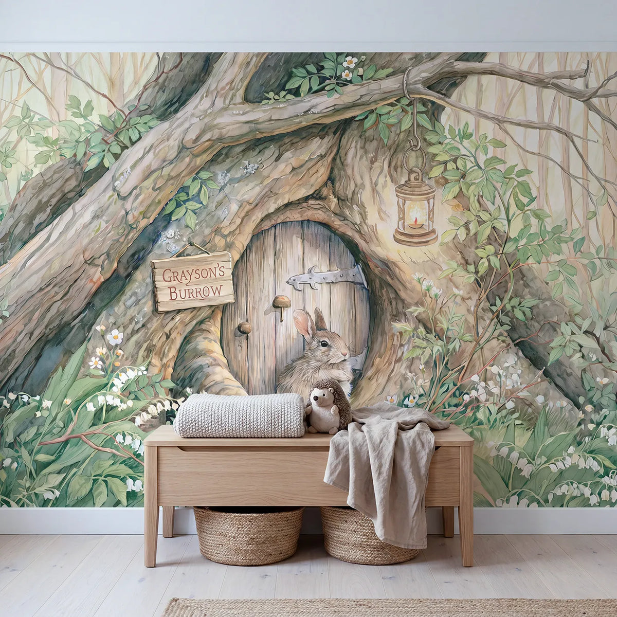 Bunny Burrow Door Personalized Wall Mural in playroom setting by Whimsy Tots