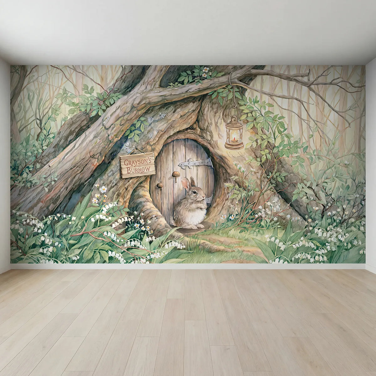 Full view of Bunny Burrow Door Personalized Wall Mural by Whimsy Tots
