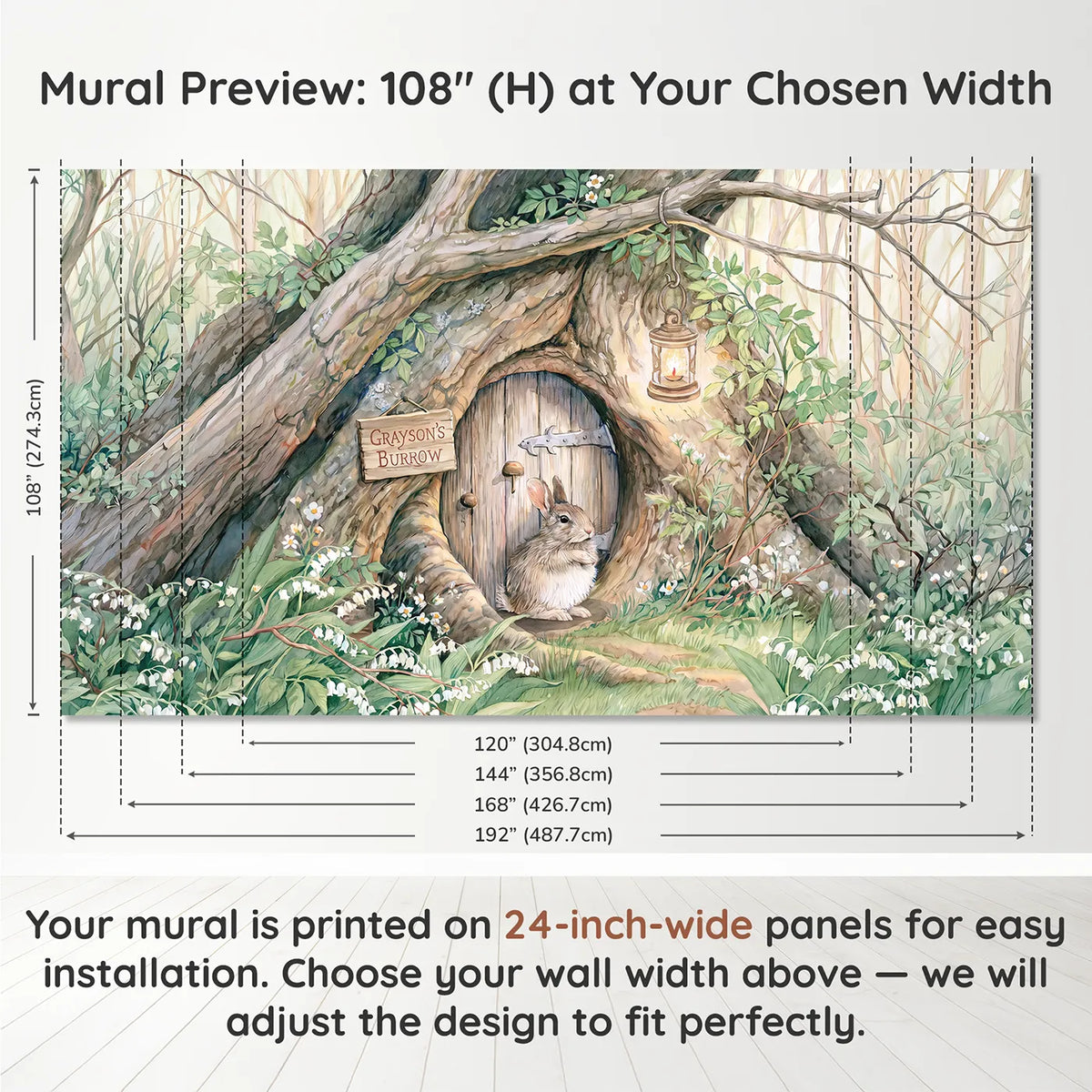 Panel layout and dimensions for Bunny Burrow Door Personalized Wall Mural by Whimsy Tots