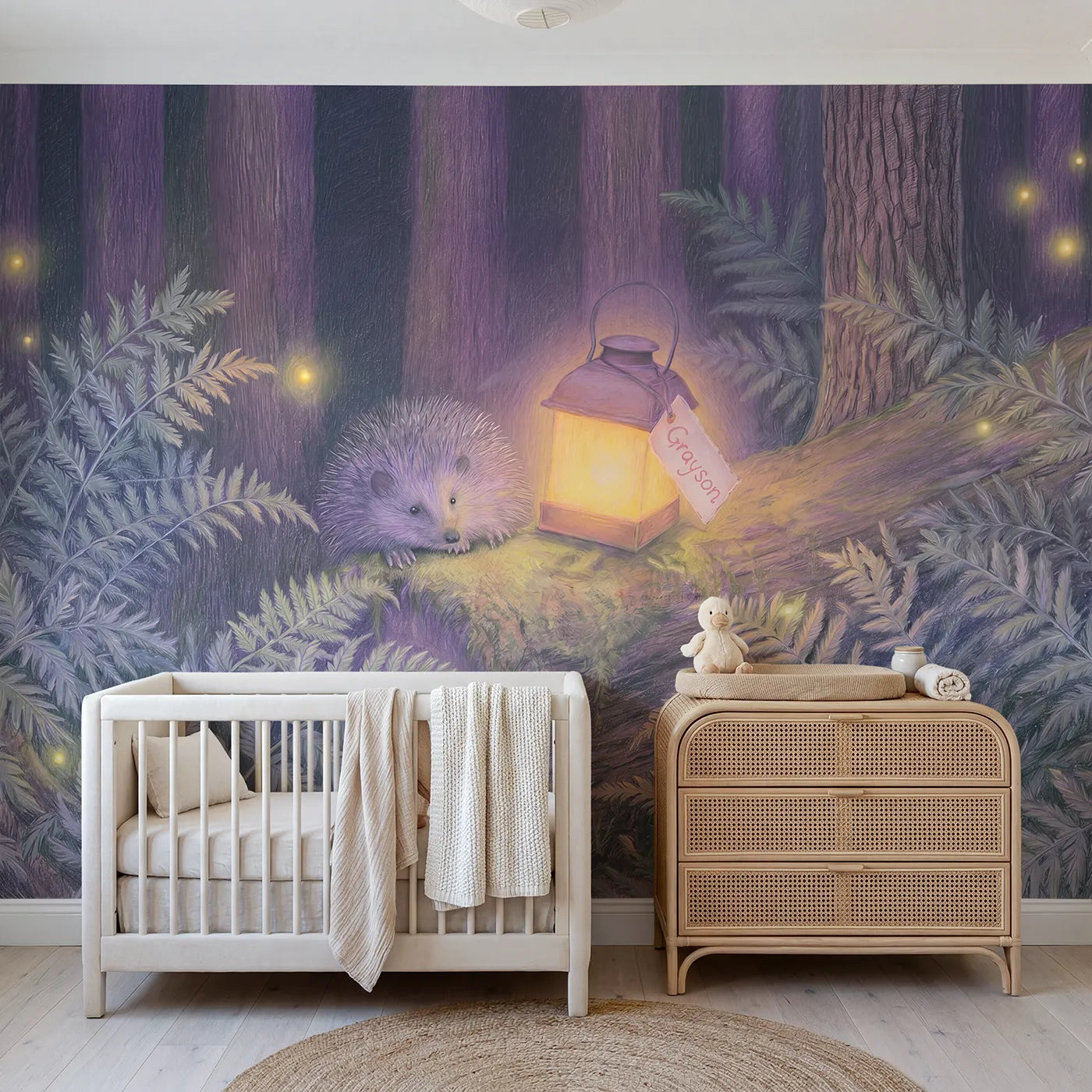 Colored Pencil hedgehog lantern personalized wall mural with name for a toddler room by Whimsy Tots