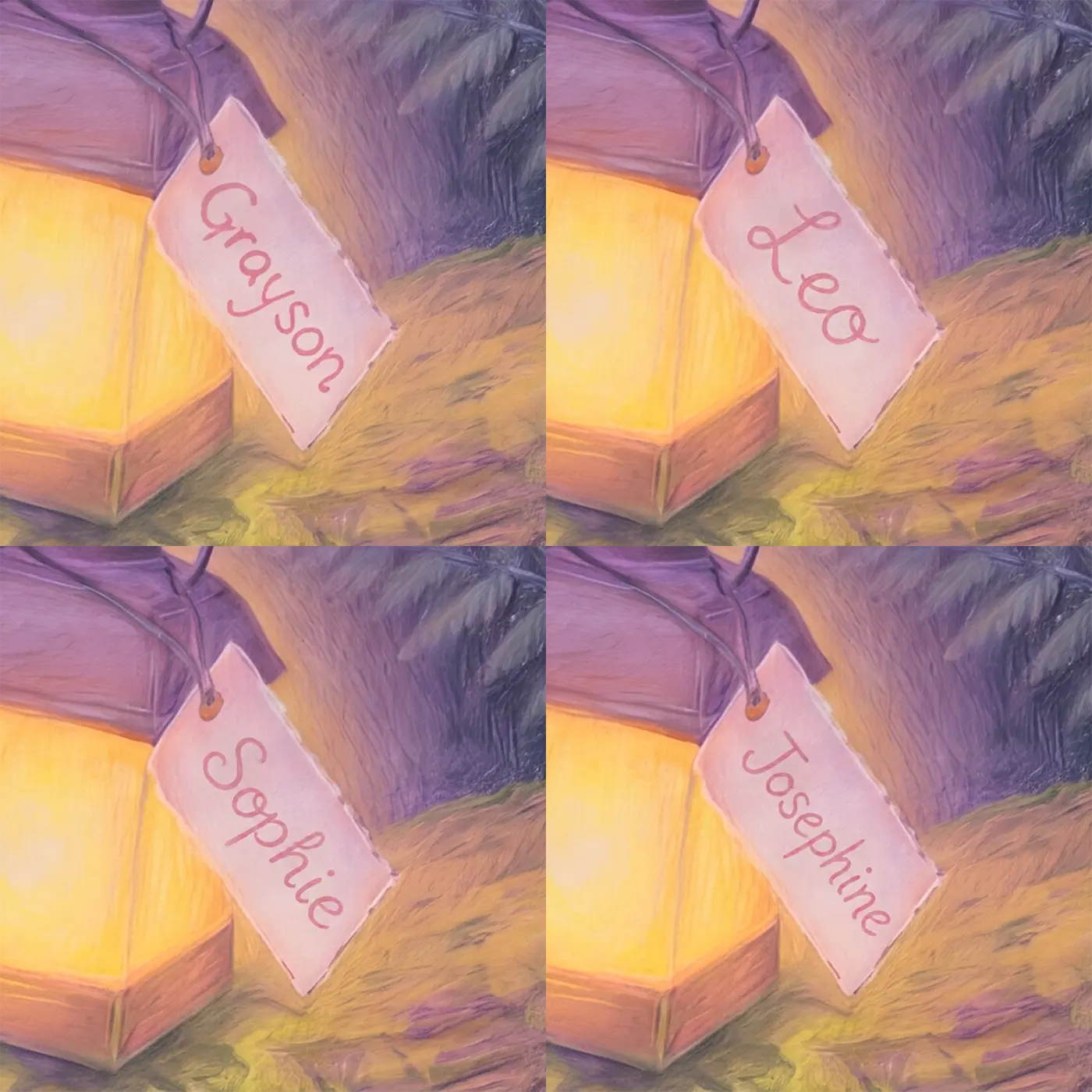 Four name preview examples of Hedgehog Lantern Glow Personalized Wall Mural by Whimsy Tots
