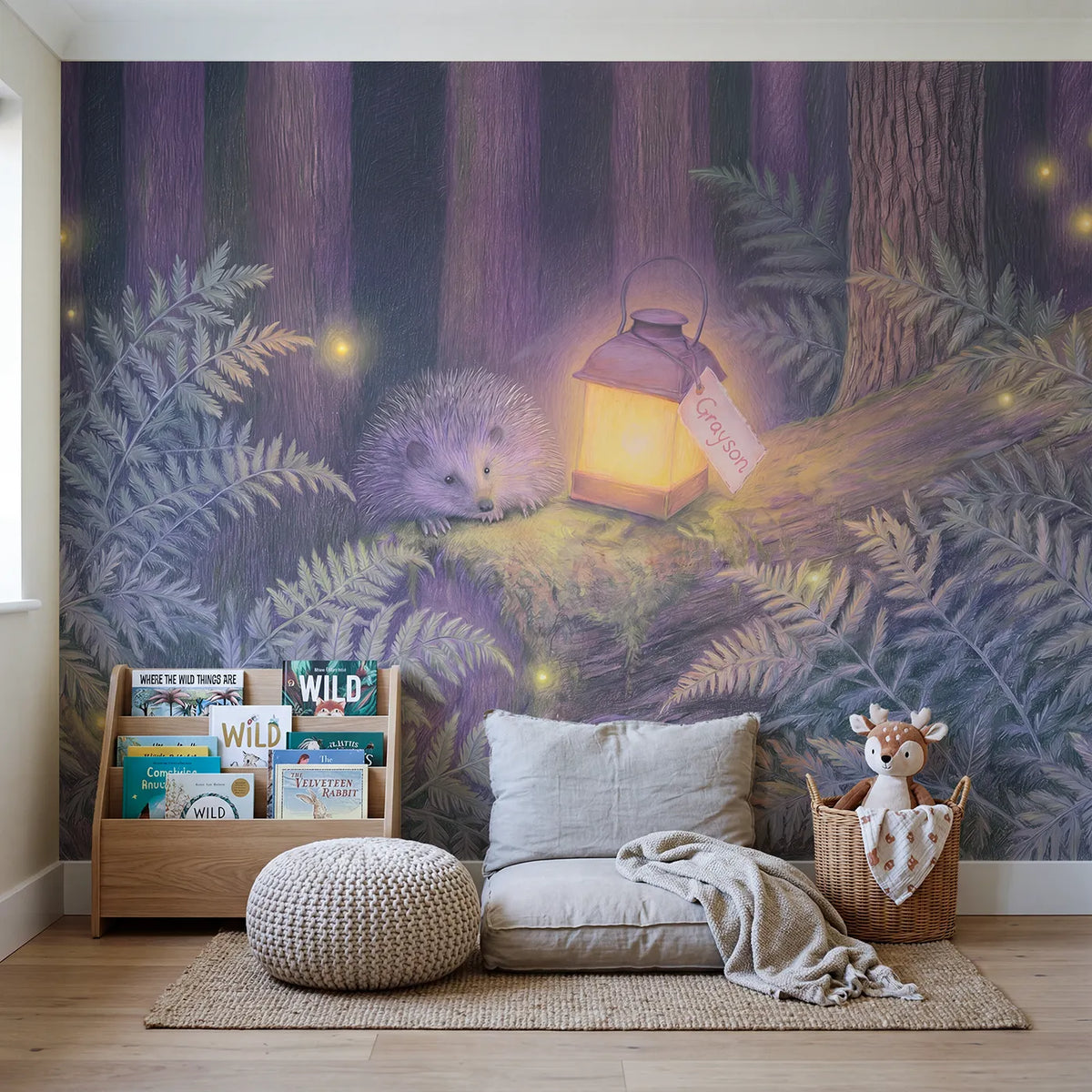 Hedgehog Lantern Glow Personalized Wall Mural in playroom setting by Whimsy Tots