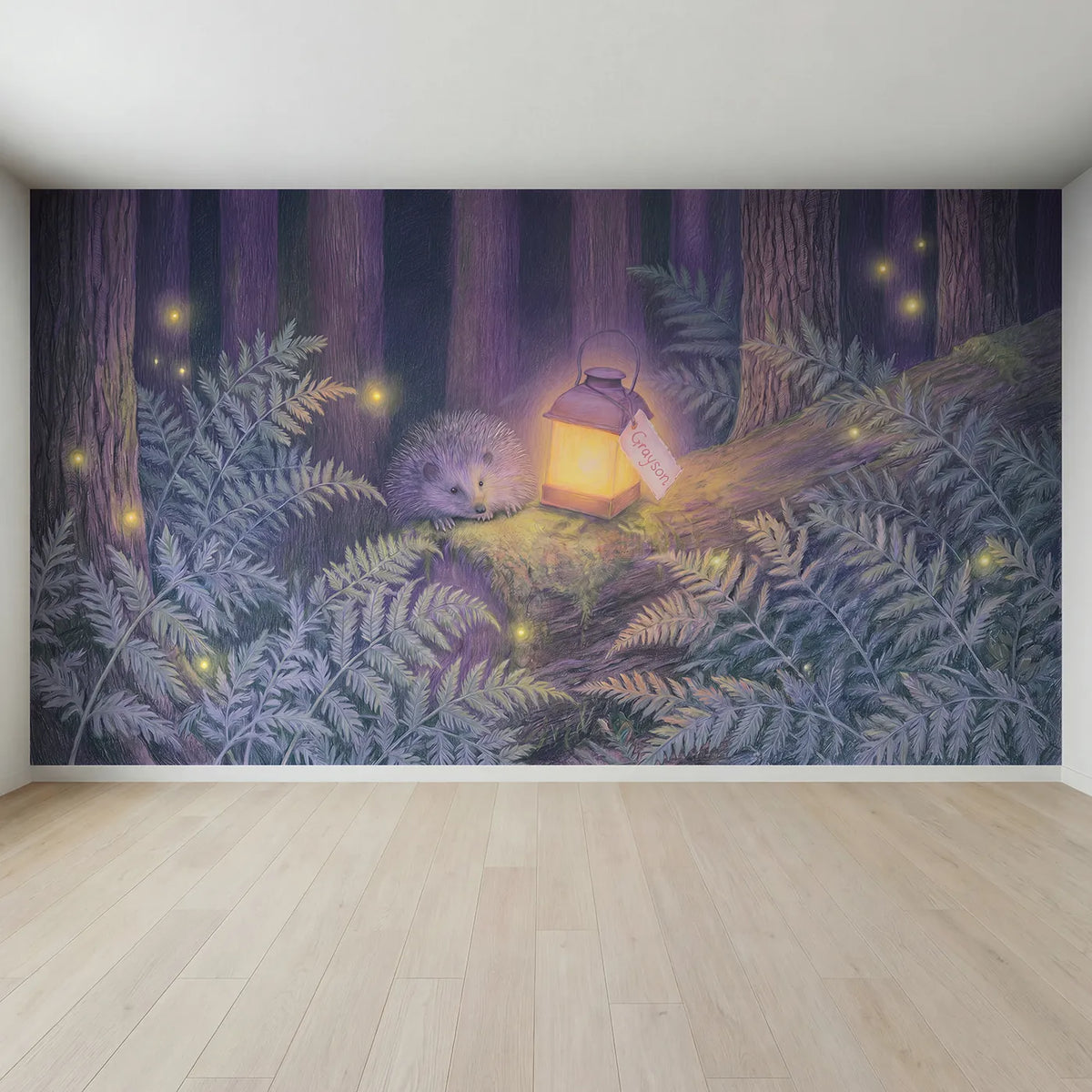 Full view of Hedgehog Lantern Glow Personalized Wall Mural by Whimsy Tots