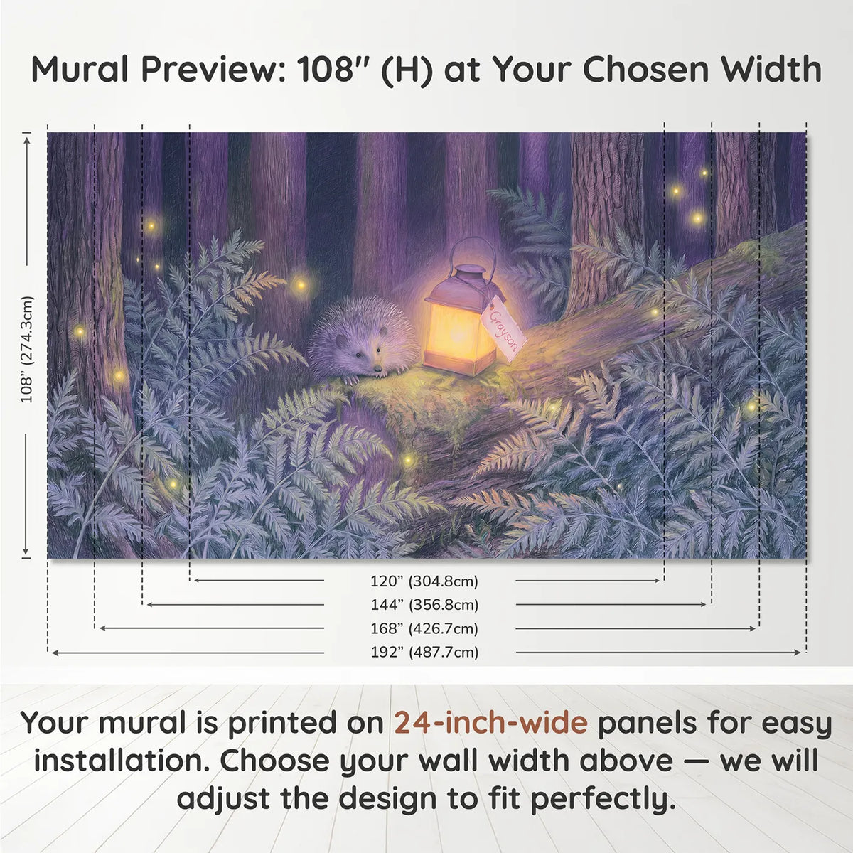 Panel layout and dimensions for Hedgehog Lantern Glow Personalized Wall Mural by Whimsy Tots