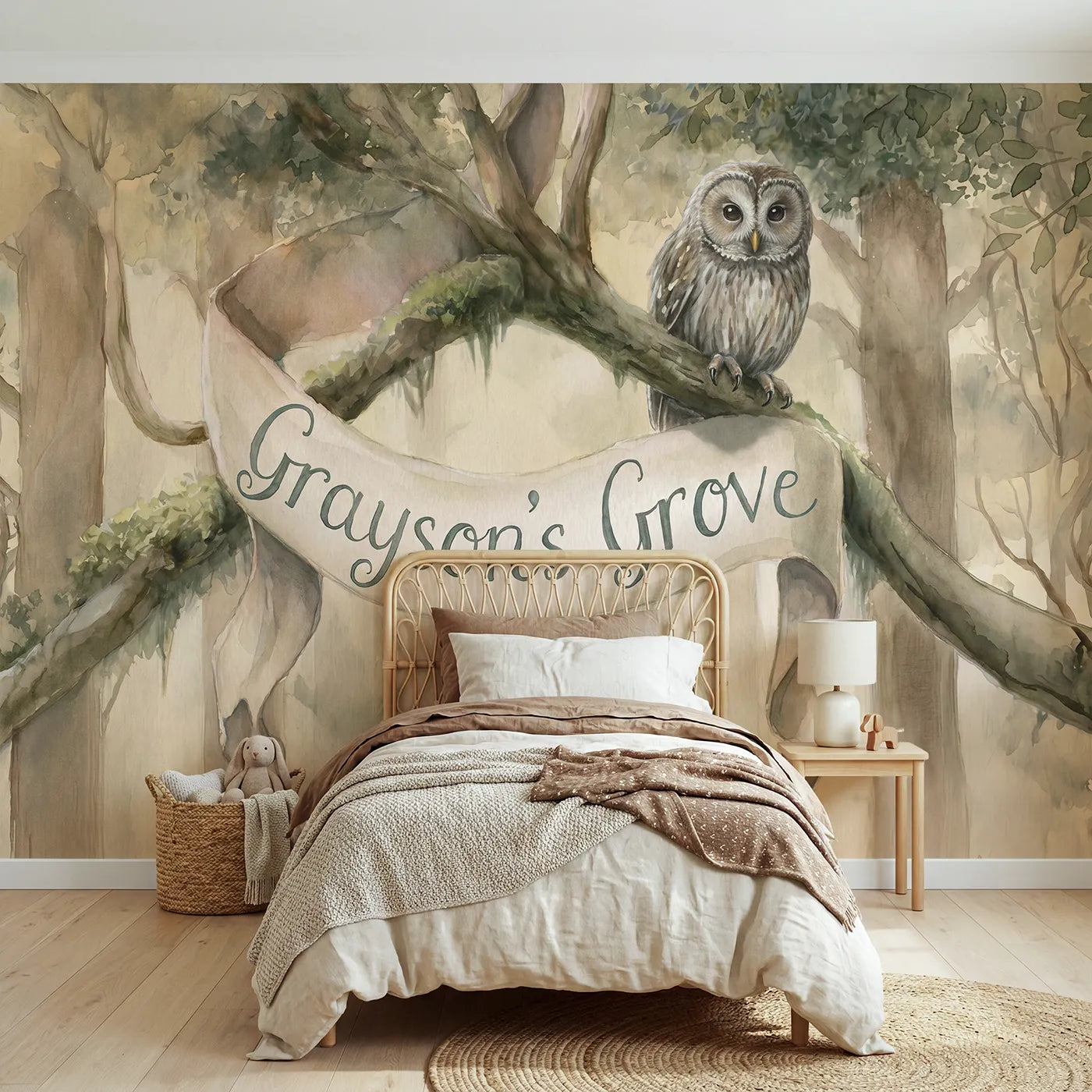 Watercolor owl at dawn personalized wall mural with name banner for a bedroom by Whimsy Tots