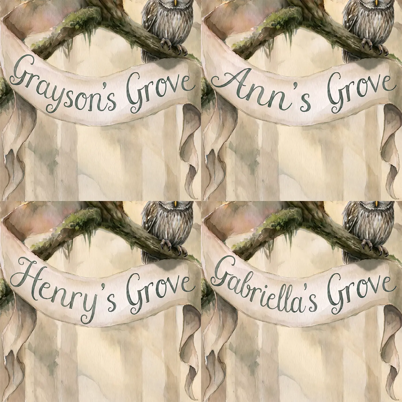 Four name preview examples of Wise Owl Banner Personalized Wall Mural by Whimsy Tots