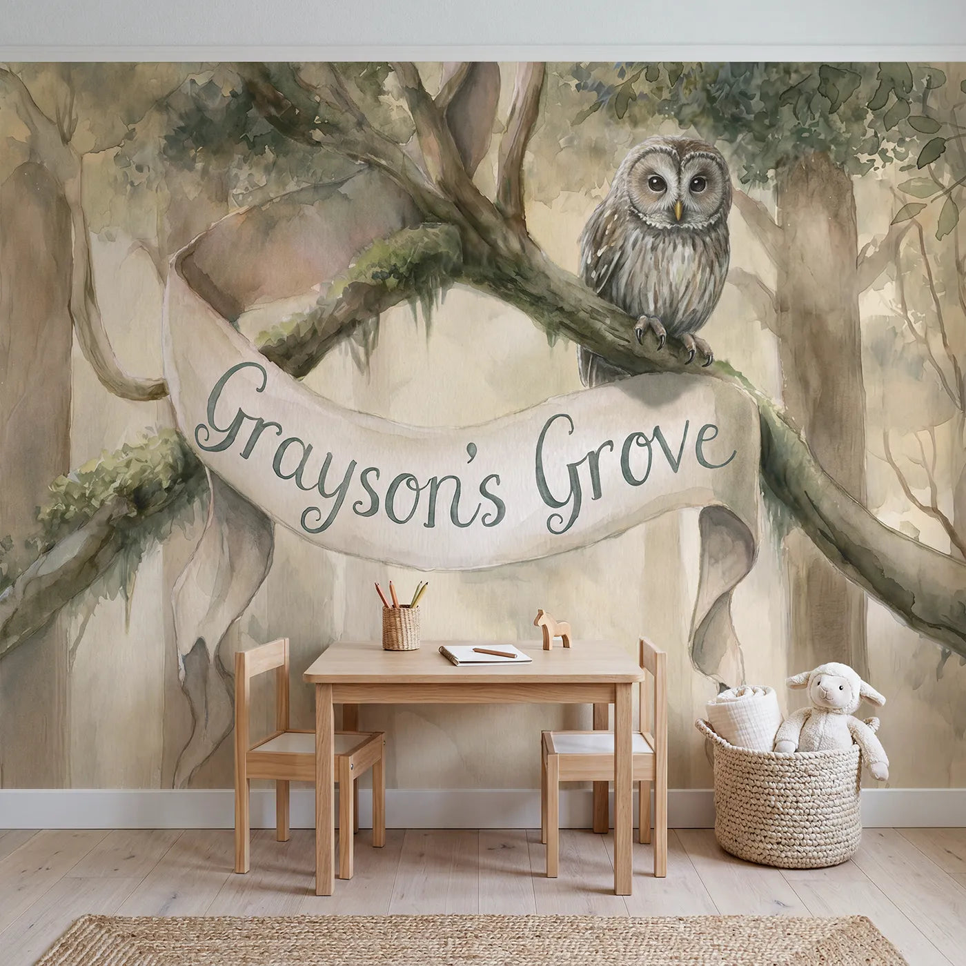 Wise Owl Banner Personalized Wall Mural in playroom setting by Whimsy Tots