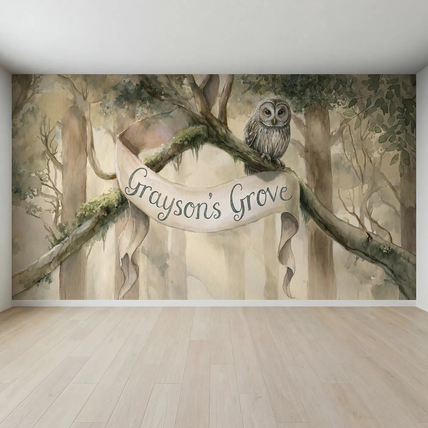 Full view of Wise Owl Banner Personalized Wall Mural by Whimsy Tots