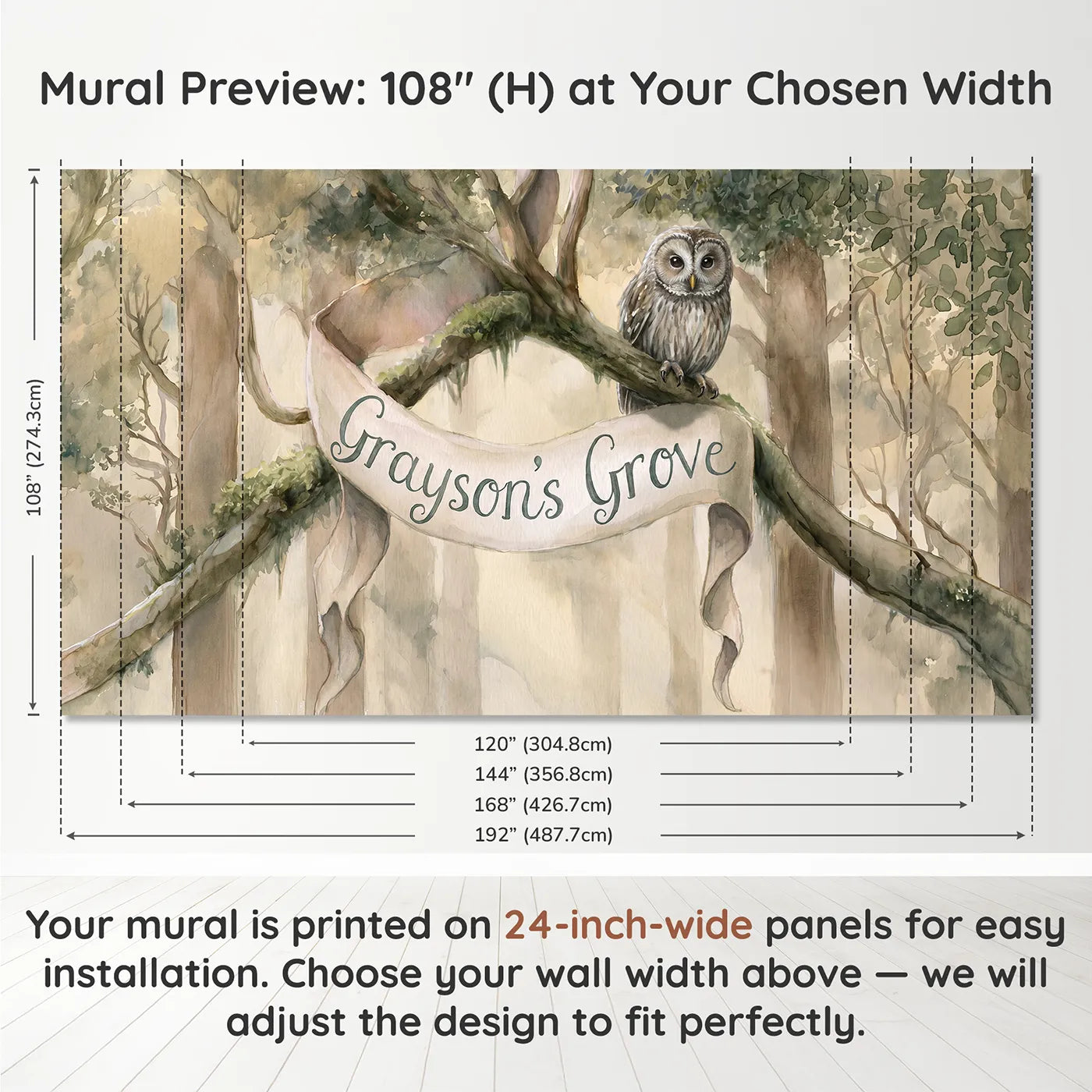 Panel layout and dimensions for Wise Owl Banner Personalized Wall Mural by Whimsy Tots