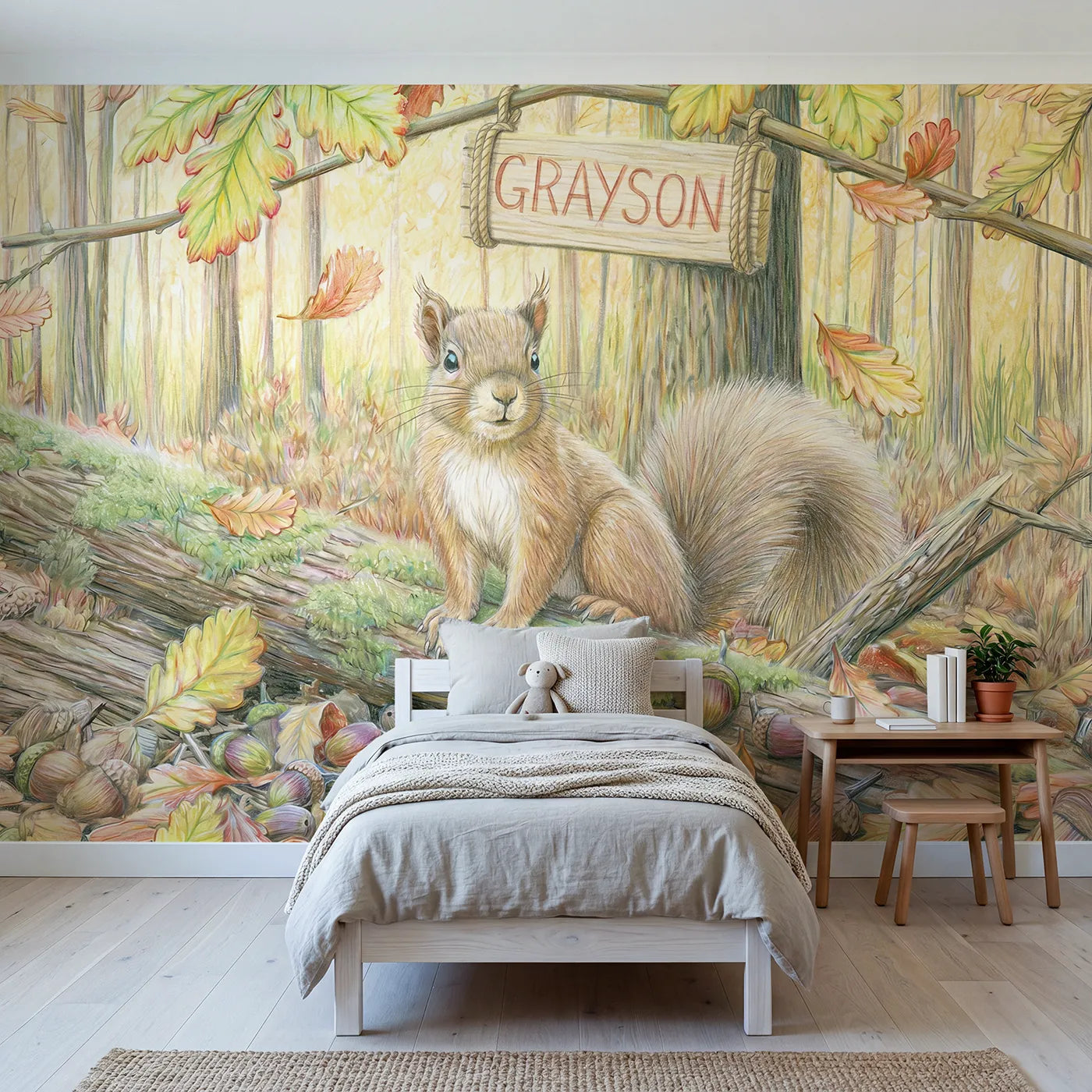Colored Pencil squirrel acorns personalized wall mural with name sign for a playroom by Whimsy Tots