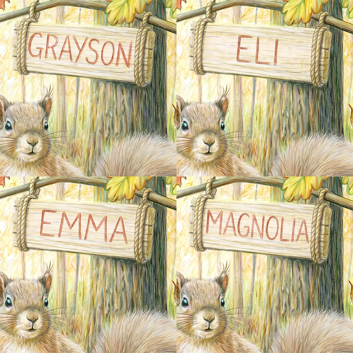 Four name preview examples of Squirrel Autumn Acorns Personalized Wall Mural by Whimsy Tots
