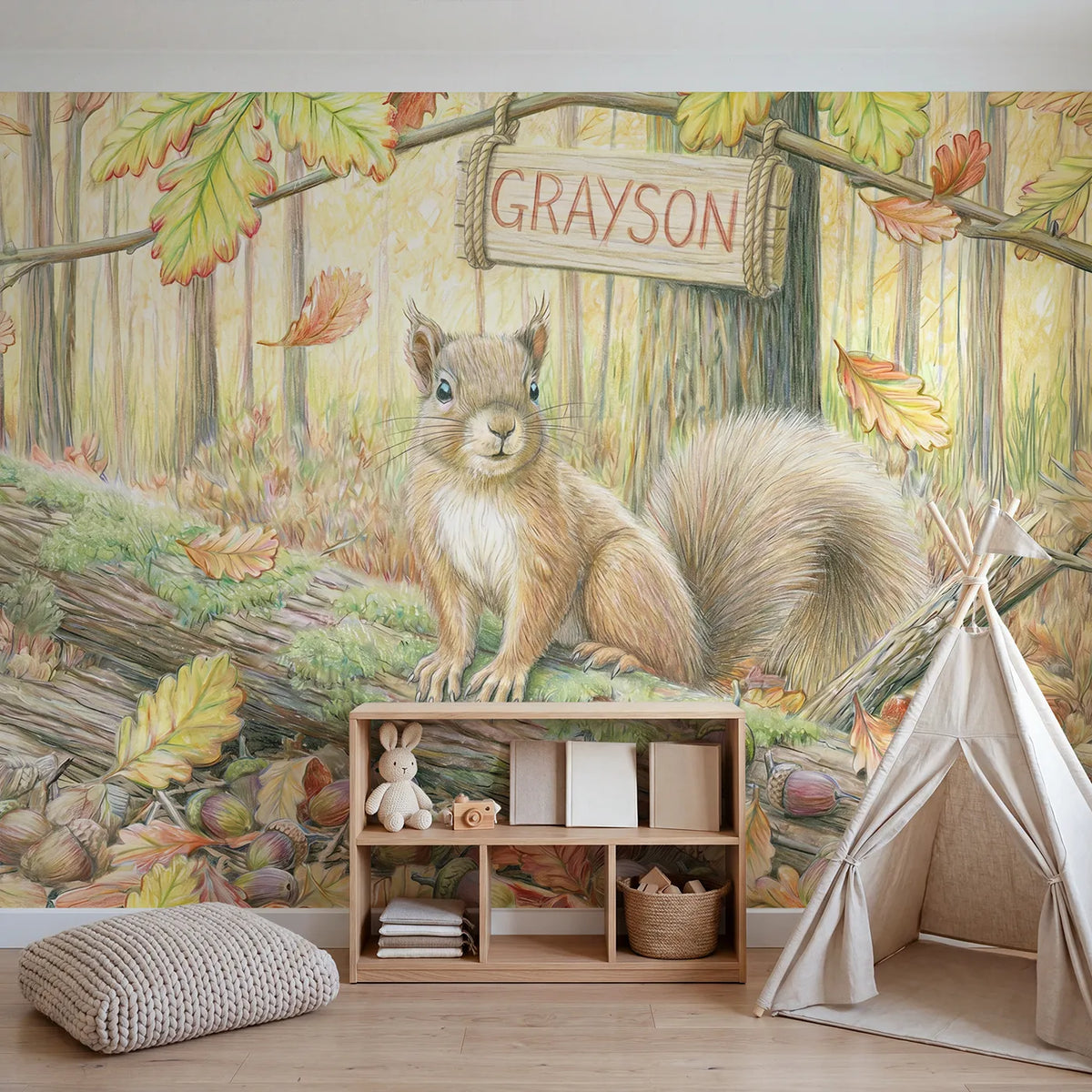 Squirrel Autumn Acorns Personalized Wall Mural in playroom setting by Whimsy Tots