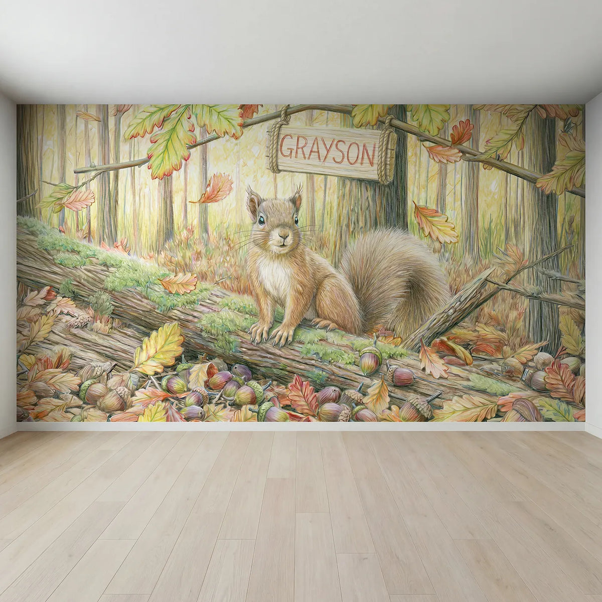 Full view of Squirrel Autumn Acorns Personalized Wall Mural by Whimsy Tots