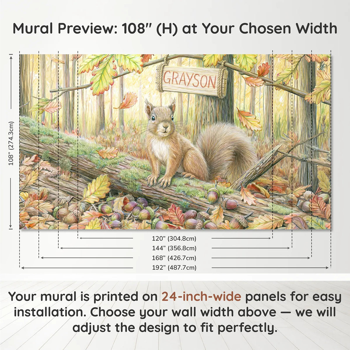 Panel layout and dimensions for Squirrel Autumn Acorns Personalized Wall Mural by Whimsy Tots
