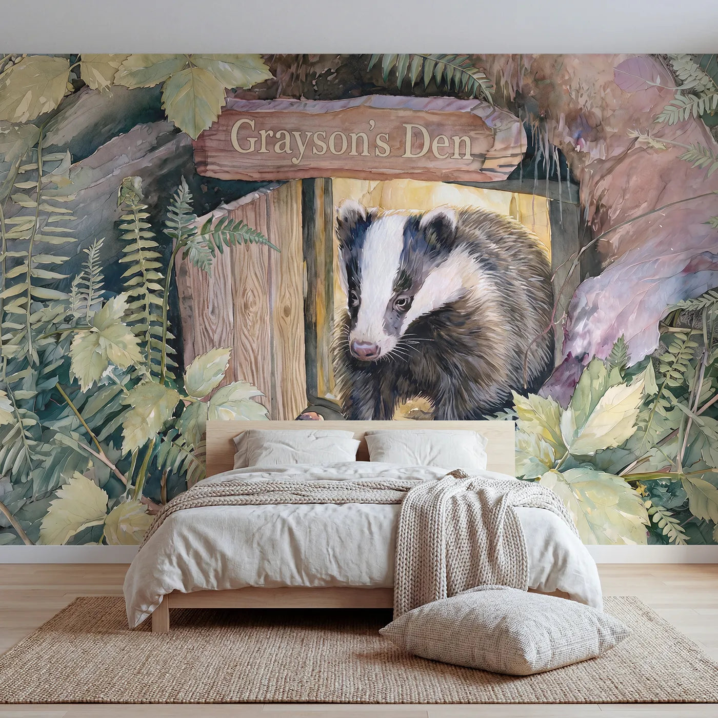 Watercolor badger den personalized wall mural with carved name plate for a kids room by Whimsy Tots