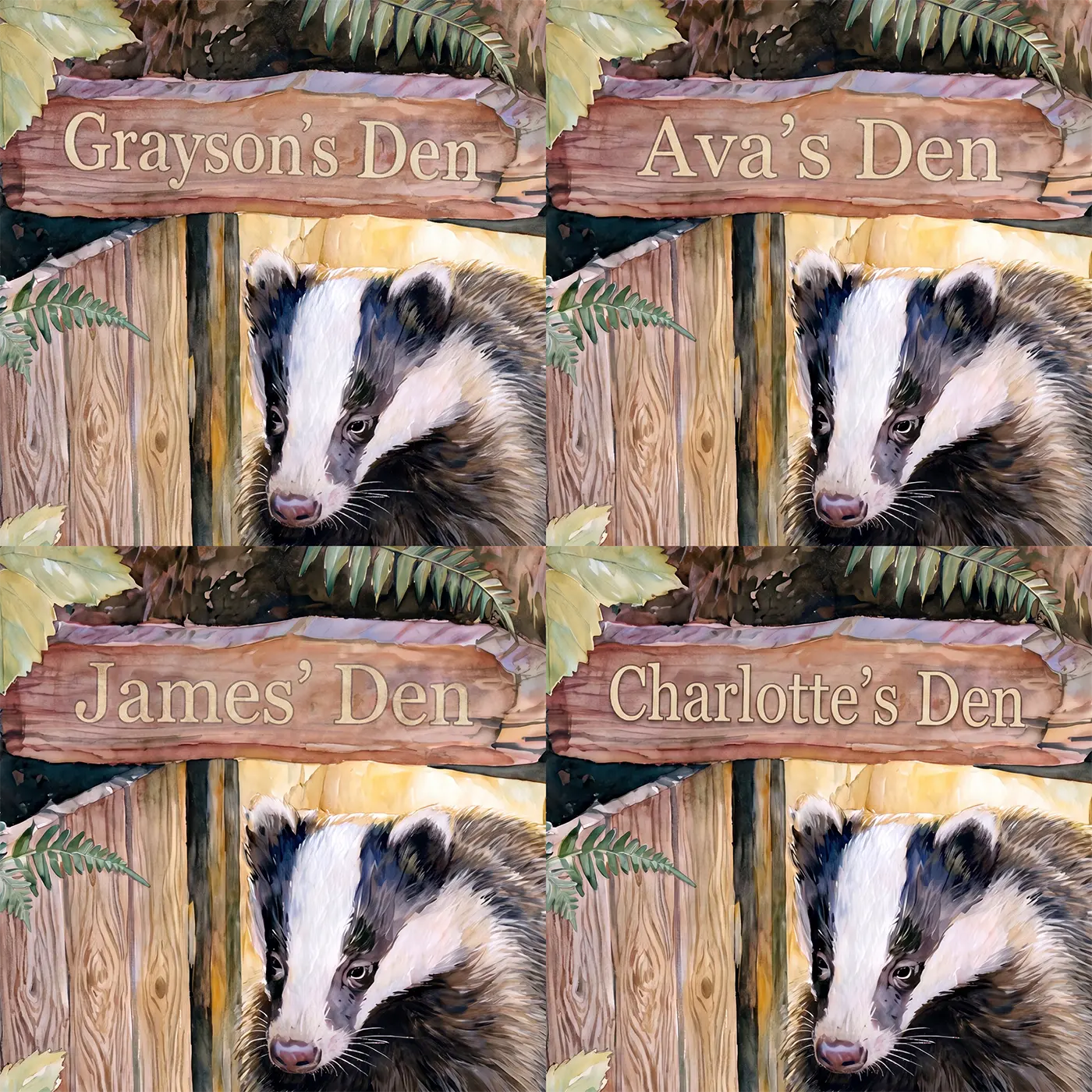 Four name preview examples of Badger Woodland Den Personalized Wall Mural by Whimsy Tots