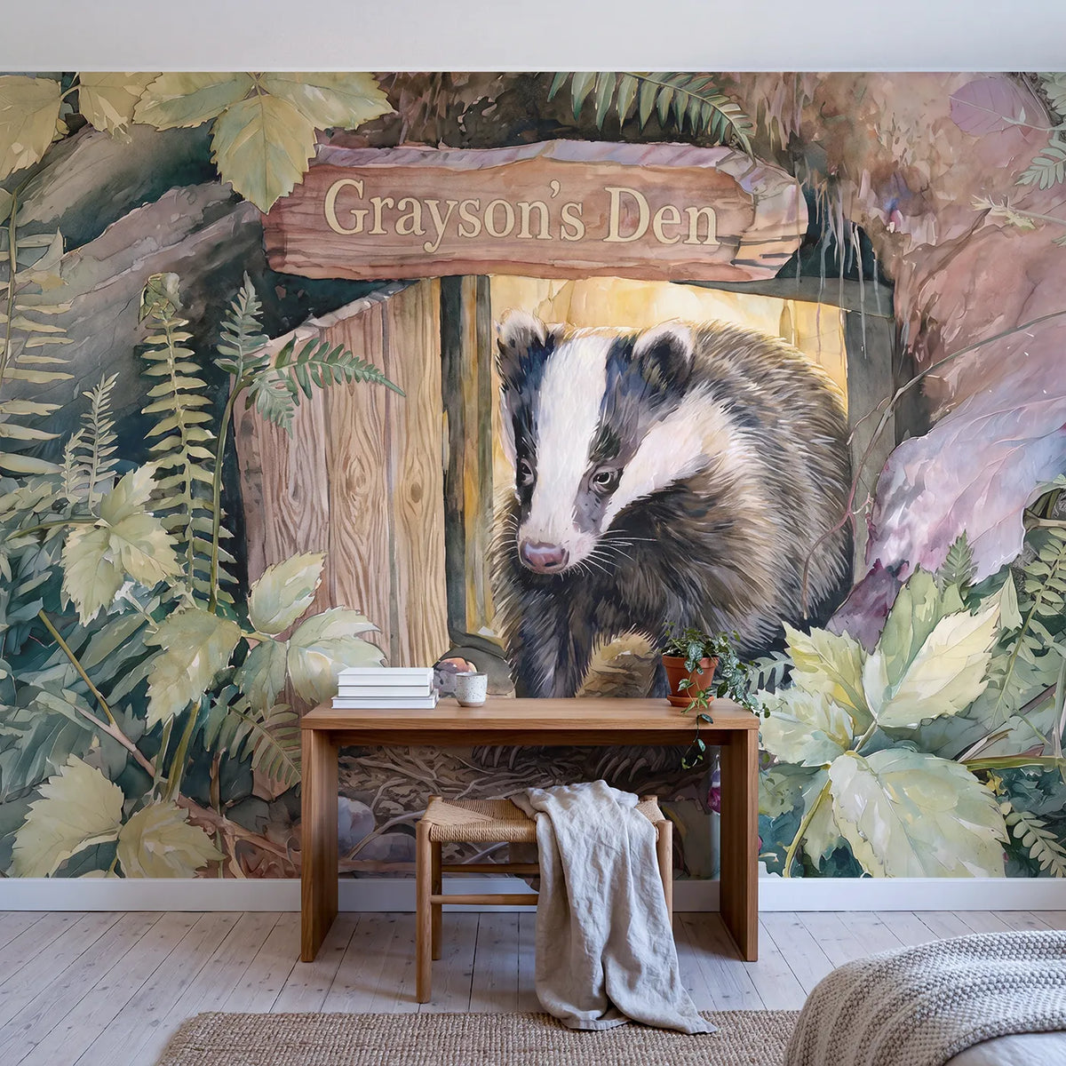 Badger Woodland Den Personalized Wall Mural in playroom setting by Whimsy Tots