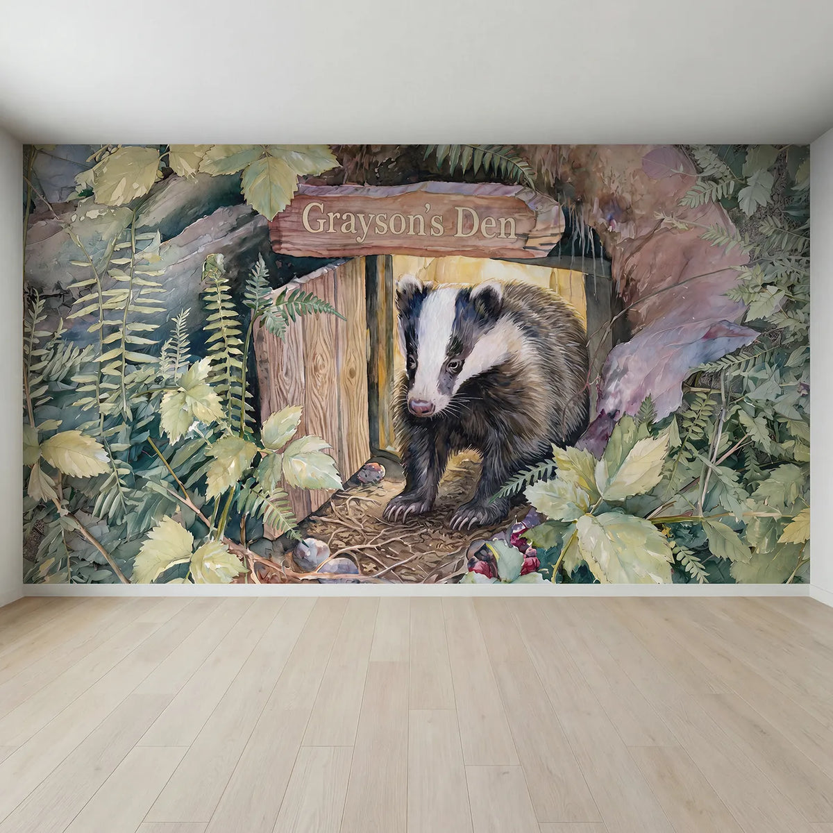 Full view of Badger Woodland Den Personalized Wall Mural by Whimsy Tots