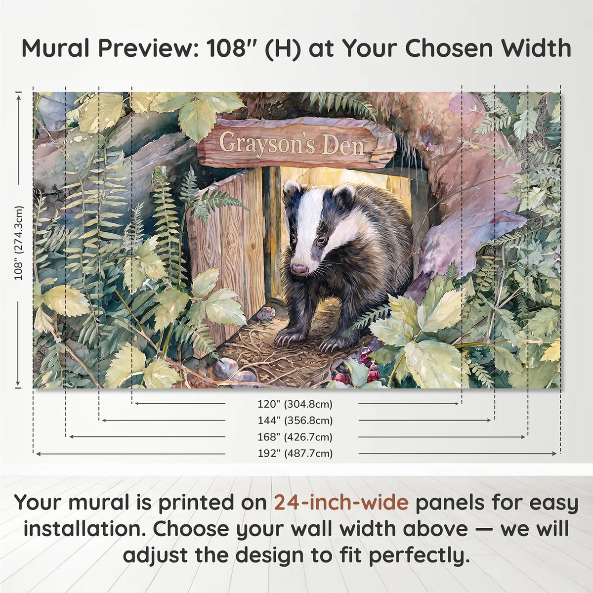 Panel layout and dimensions for Badger Woodland Den Personalized Wall Mural by Whimsy Tots