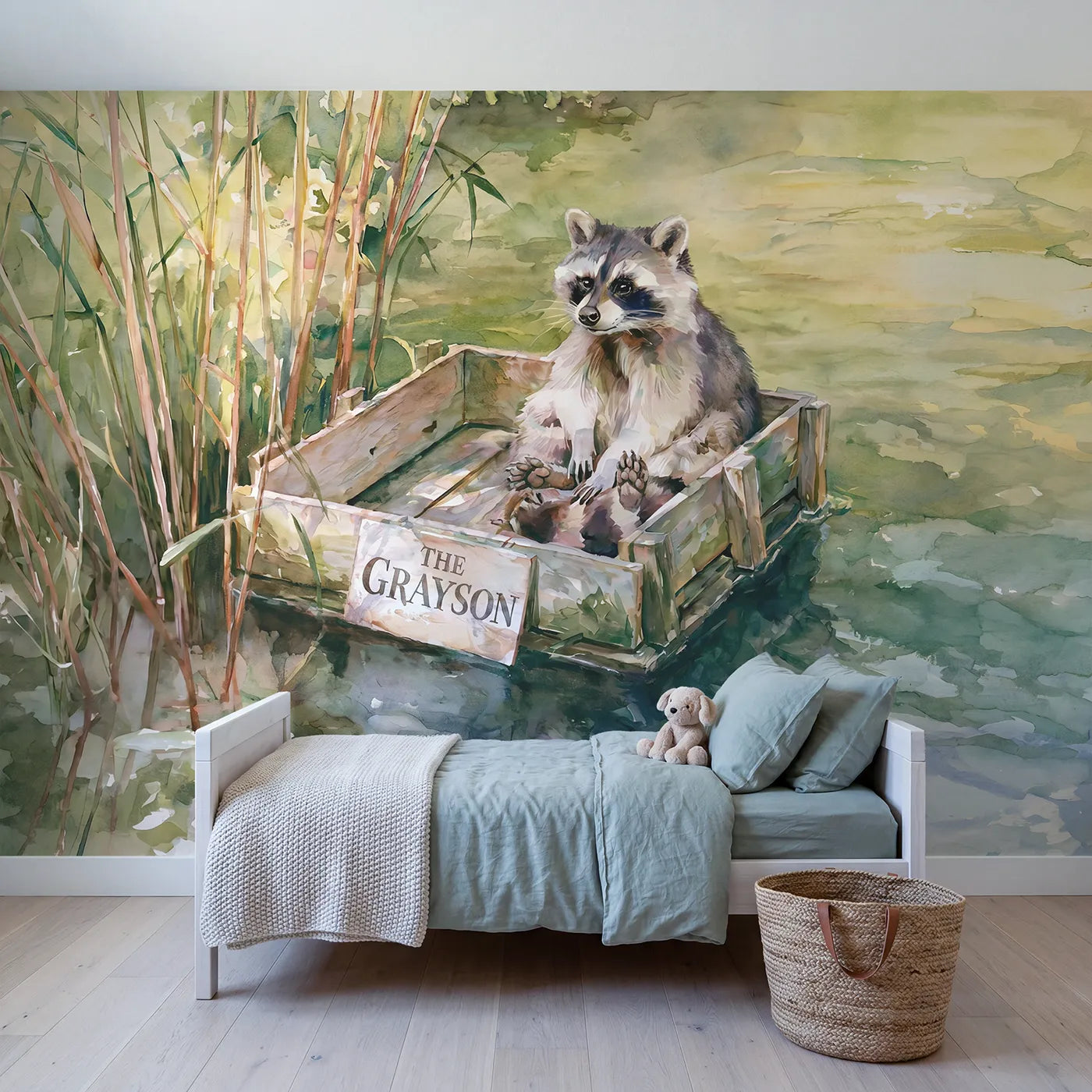 Watercolor raccoon raft personalized wall mural with name board for a boys room by Whimsy Tots