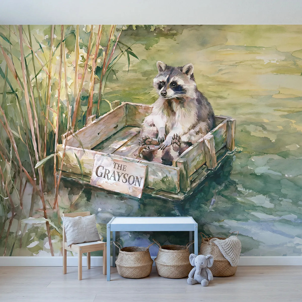 Raccoon River Raft Personalized Wall Mural in playroom setting by Whimsy Tots