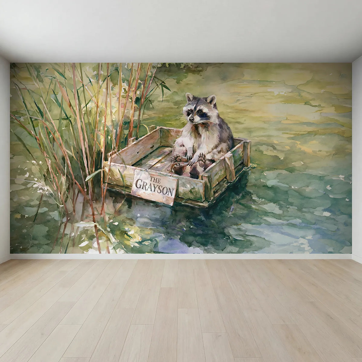 Full view of Raccoon River Raft Personalized Wall Mural by Whimsy Tots