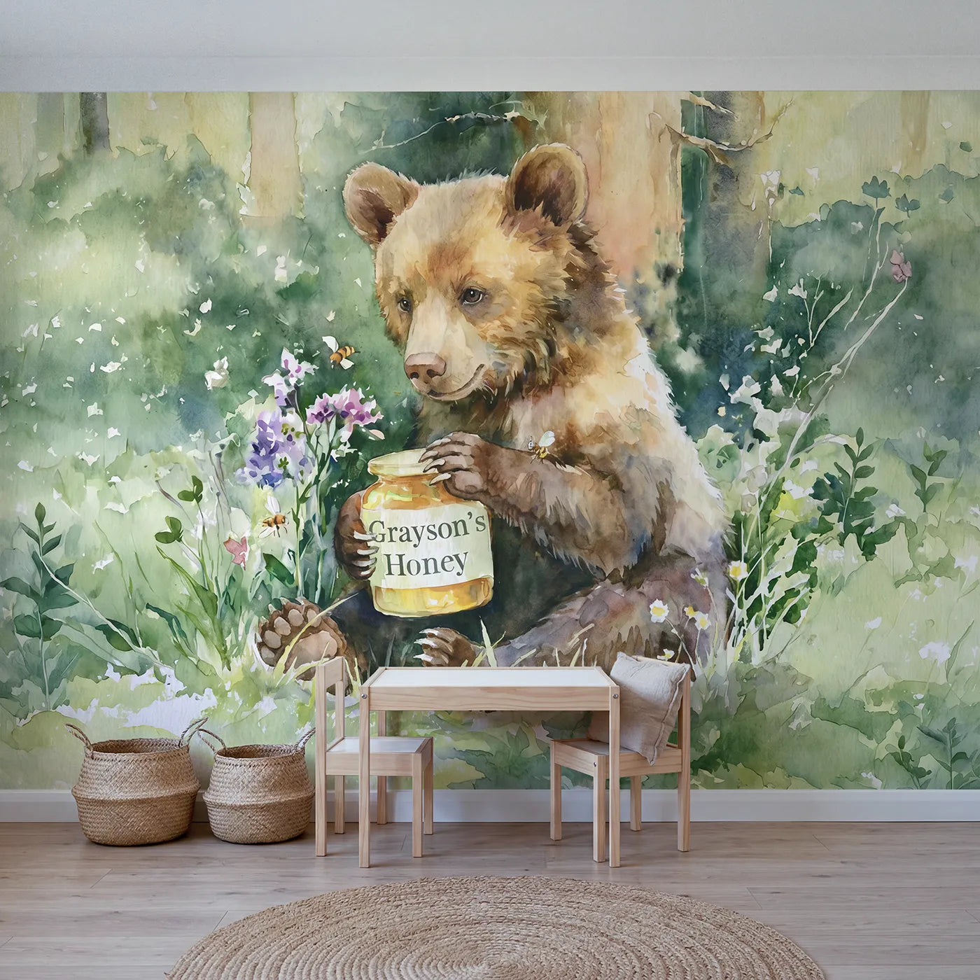 Watercolor bear cub personalized wall mural with honey jar name label for a nursery by Whimsy Tots