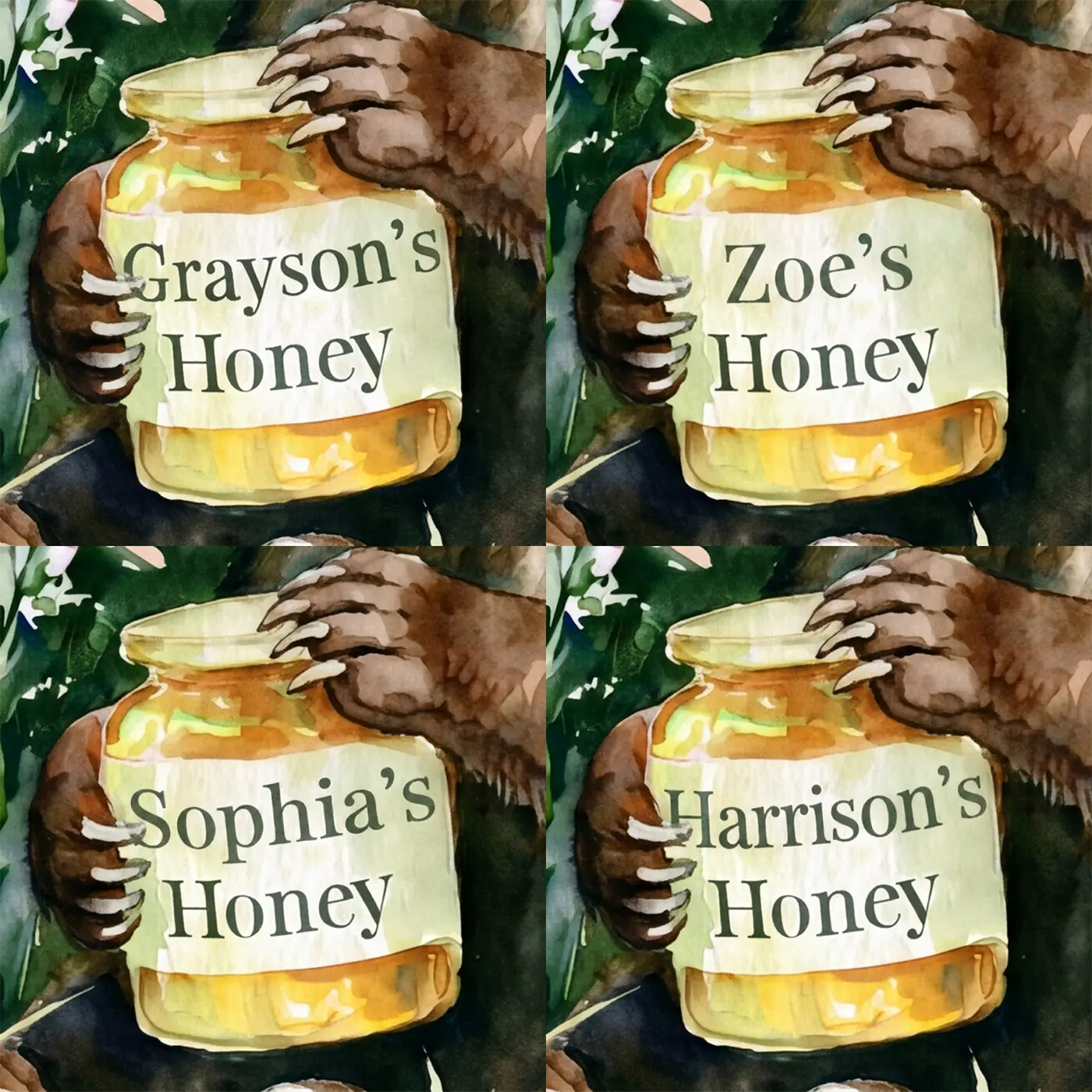 Four name preview examples of Bear Cub Honey Personalized Wall Mural by Whimsy Tots