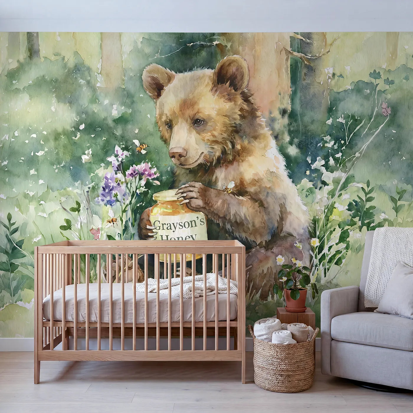 Bear Cub Honey Personalized Wall Mural in playroom setting by Whimsy Tots
