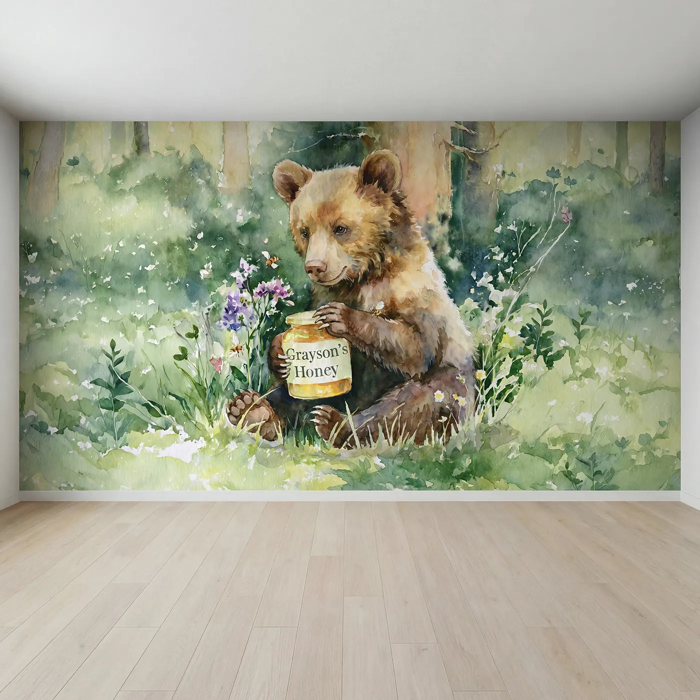 Full view of Bear Cub Honey Personalized Wall Mural by Whimsy Tots