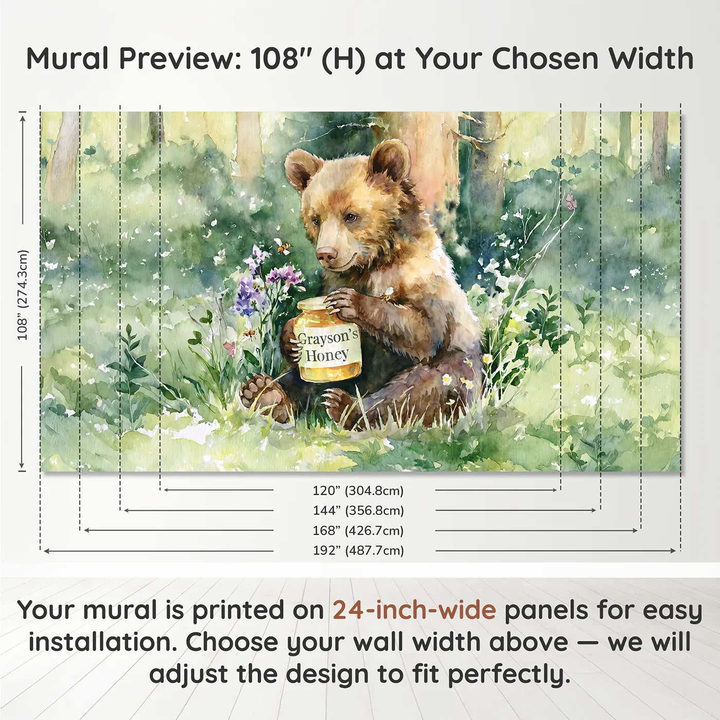 Panel layout and dimensions for Bear Cub Honey Personalized Wall Mural by Whimsy Tots