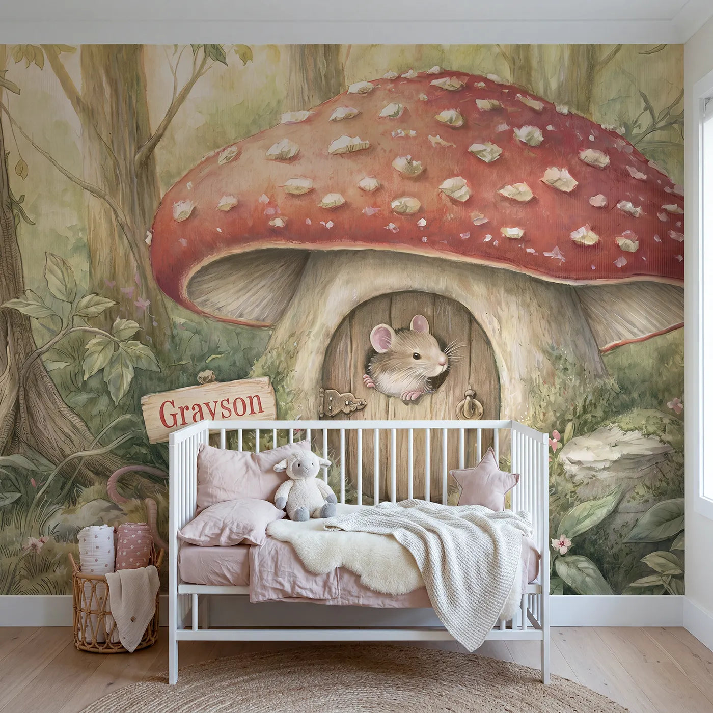 Storybook mouse toadstool house personalized wall mural with name for a girls room by Whimsy Tots