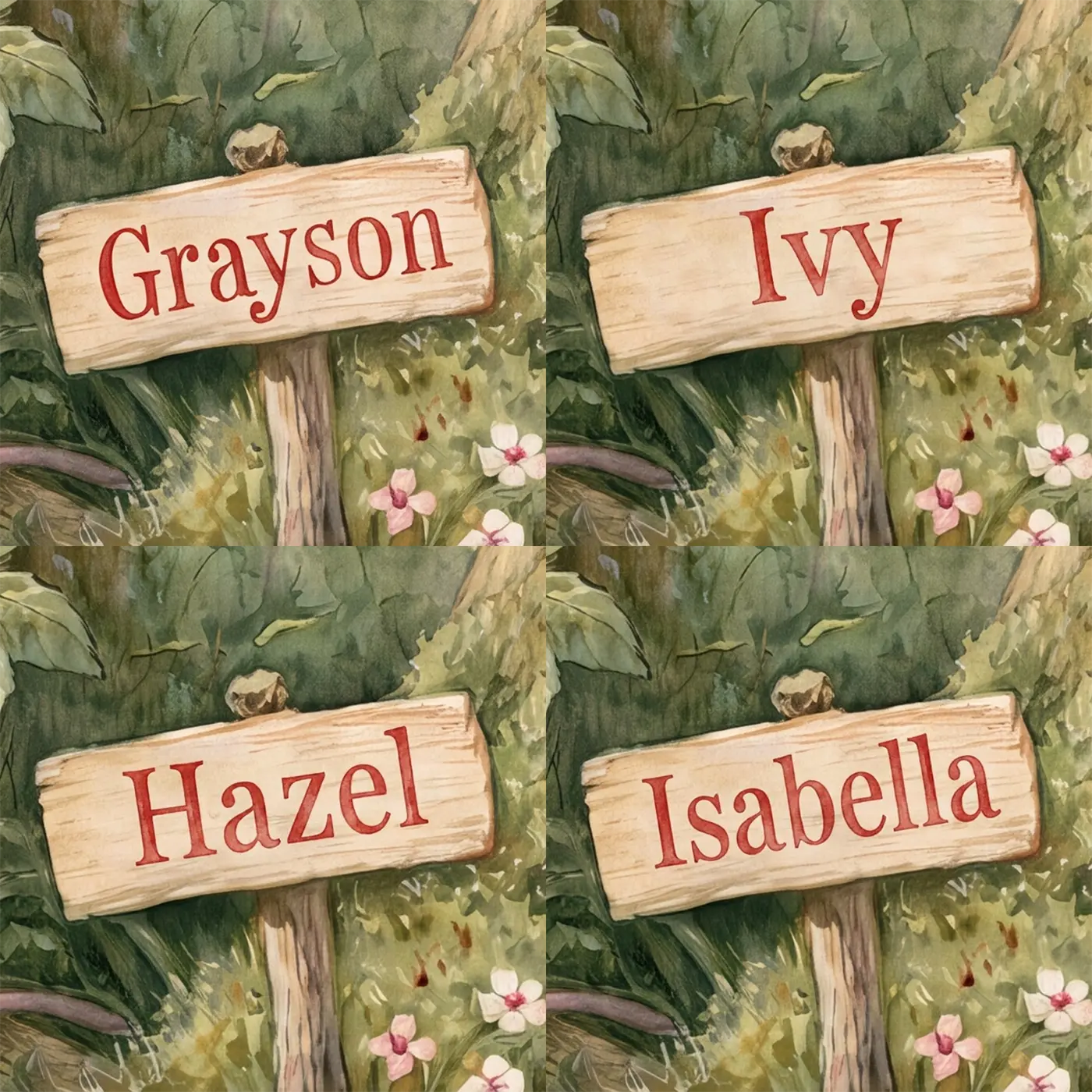Four name preview examples of Mouse Mushroom House Personalized Wall Mural by Whimsy Tots