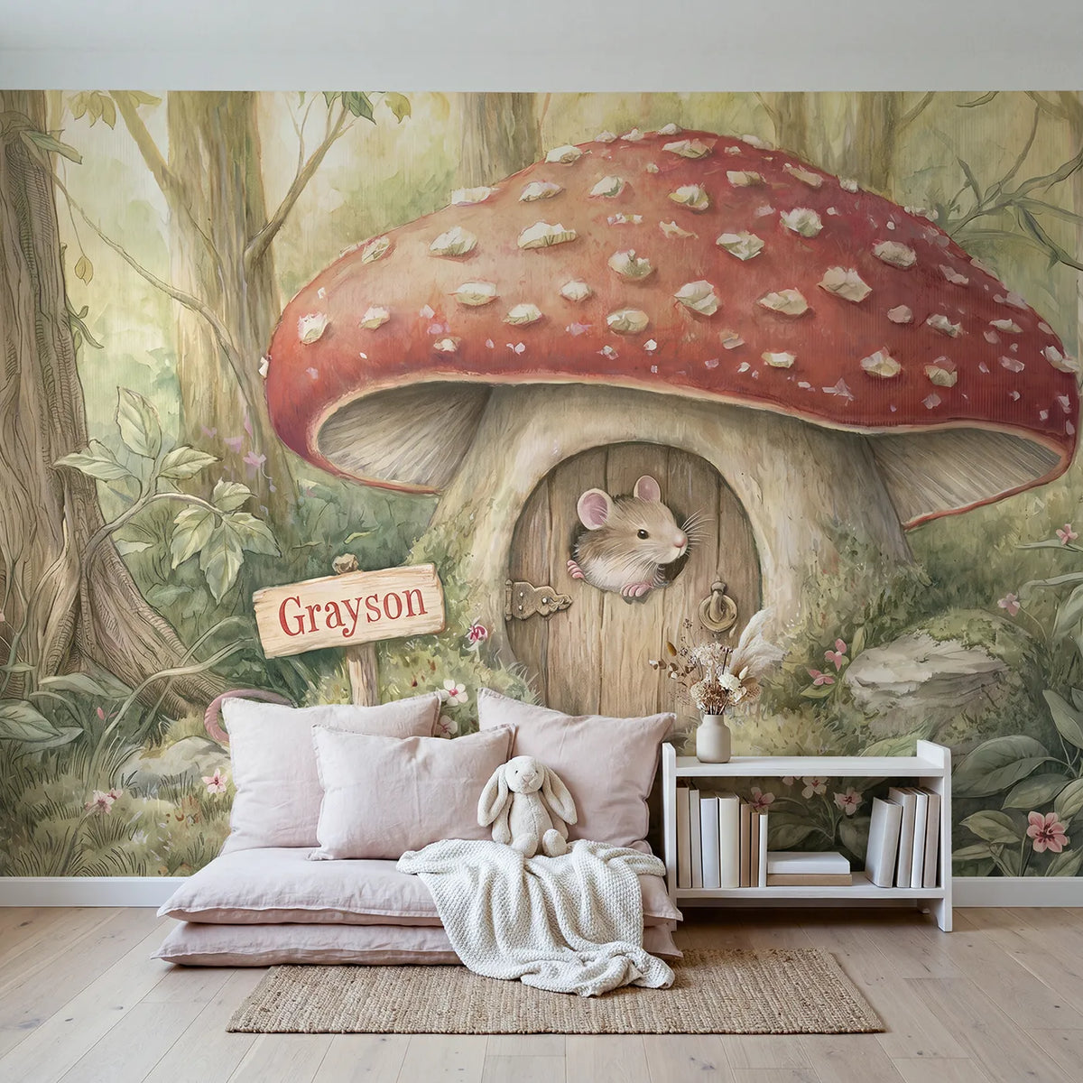 Mouse Mushroom House Personalized Wall Mural in playroom setting by Whimsy Tots