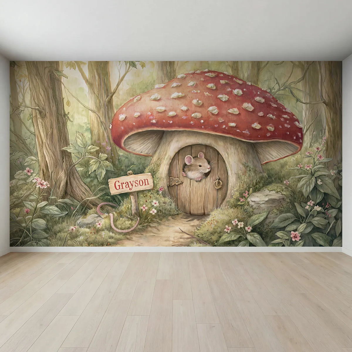 Full view of Mouse Mushroom House Personalized Wall Mural by Whimsy Tots