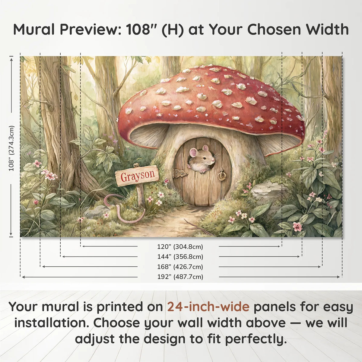 Panel layout and dimensions for Mouse Mushroom House Personalized Wall Mural by Whimsy Tots