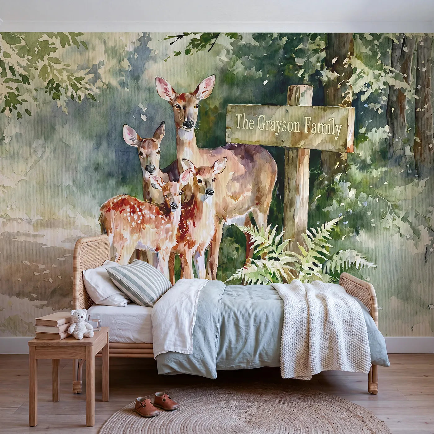 Watercolor deer family personalized wall mural with name signpost for a kids room by Whimsy Tots